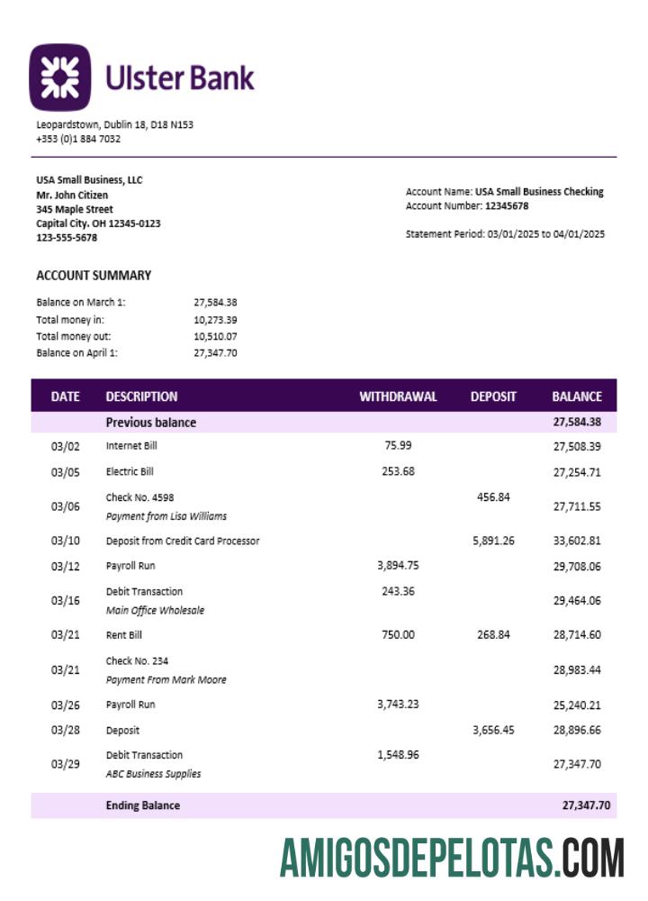 Extrato de conta corrente da organização Ulster em formato Word e PDF